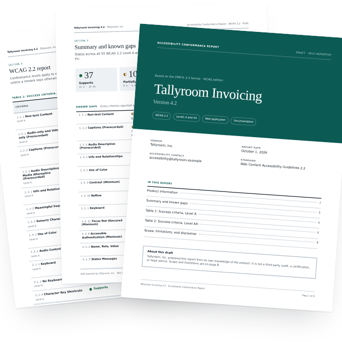 Cover, summary and Level A table pages of a sample VPAT report